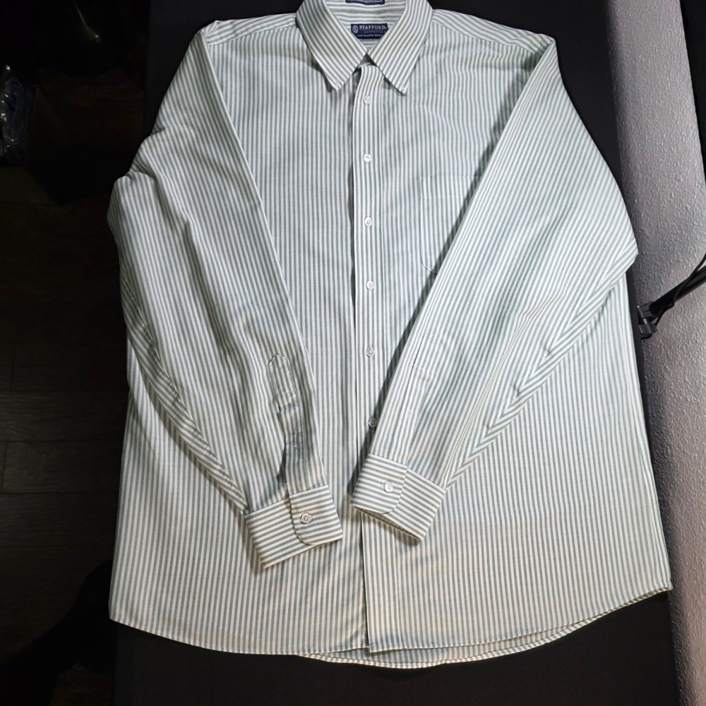 Stafford Essentials Mens Green White Striped Oxford‎ Shirt Classic Fit 17 36-37 - Picture 2 of 7
